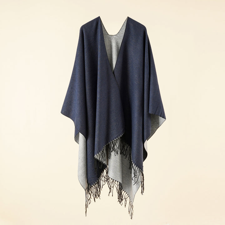 Damen Großer Ruana‑Poncho aus feinem Wollmix mit Fransen und offenem Fall – Montévia