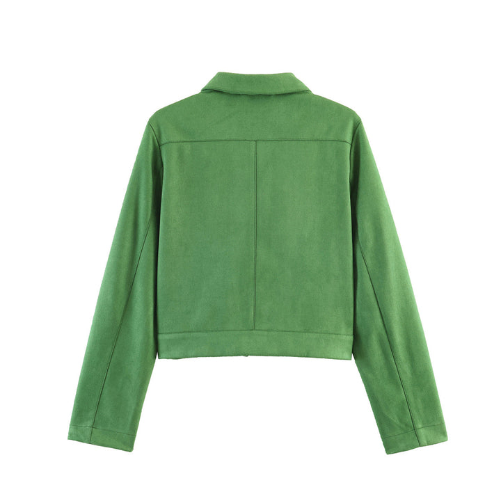 Damen Kurzjacke im Utility-Stil aus Veloursleder-Optik mit Brusttaschen und Metallringen Echo Archiv