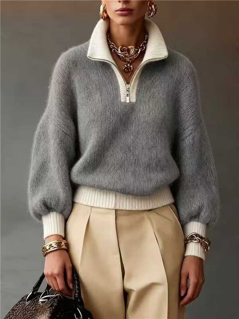 Damen Flauschiger Pullover mit halbem Reißverschluss, Stehkragen und Ballonärmeln – Mavelle
