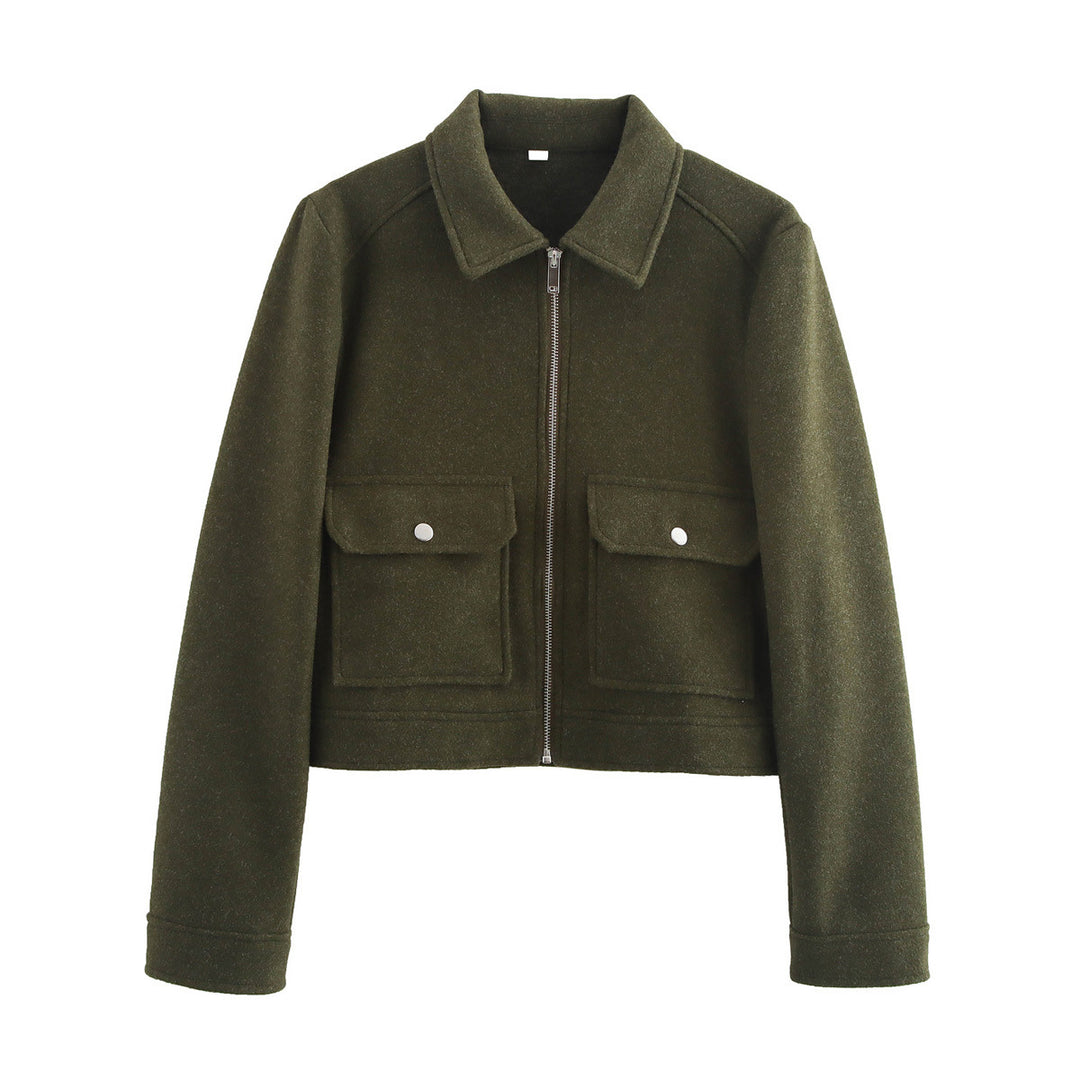 Damen kurz geschnittene Wolloptik-Blousonjacke mit durchgehendem Reißverschluss und aufgesetzten Klappentaschen – Célinea