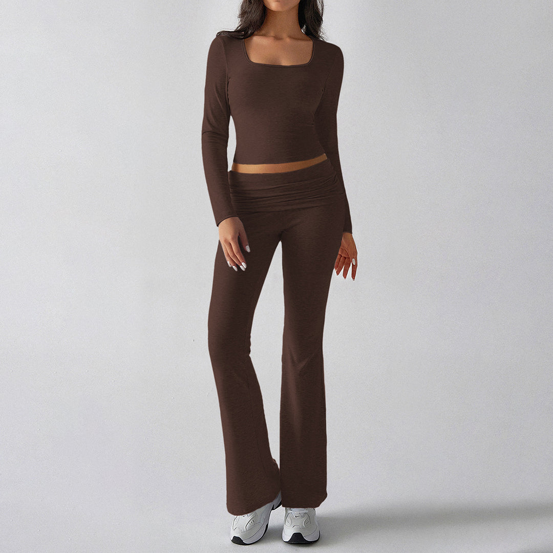 Damen figurbetontes Cropped-Set mit langärmeligem Top mit quadratischem Ausschnitt und ausgestellter High‑Waist Yoga-Hose – Avérine