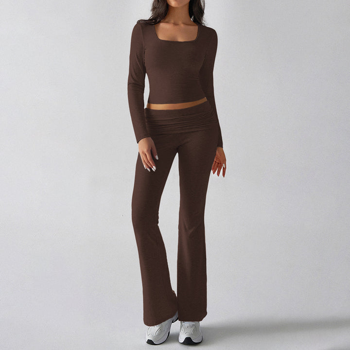 Damen figurbetontes Cropped-Set mit langärmeligem Top mit quadratischem Ausschnitt und ausgestellter High‑Waist Yoga-Hose – Avérine