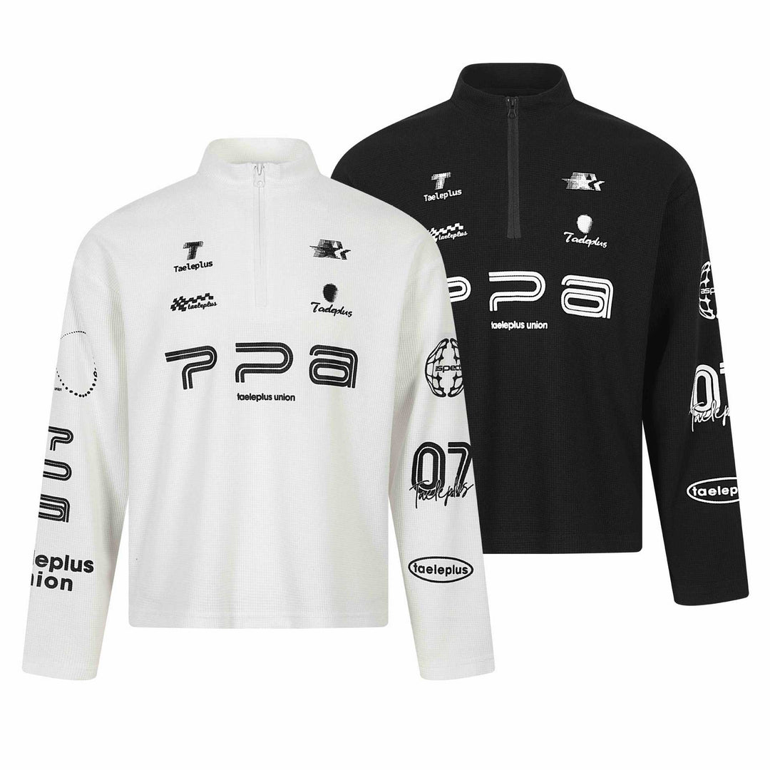 Unisex Thermo‑Waffel-Halbzip mit Stehkragen und Allover-Logoprint Echoarchiv