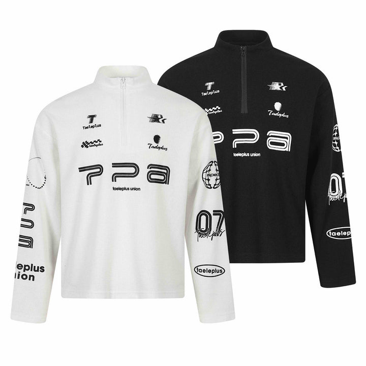Unisex Thermo‑Waffel-Halbzip mit Stehkragen und Allover-Logoprint Echoarchiv