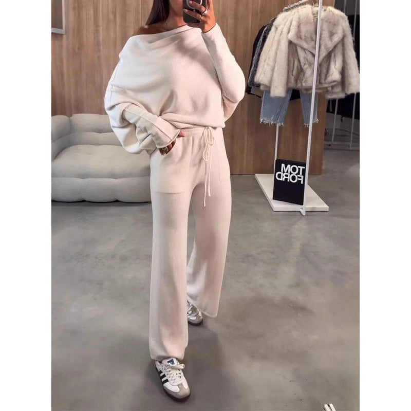 Damen Strick-Loungewear-Set mit Oversize-Schulter, weitem Bein und Kordelzug Echo Archiv