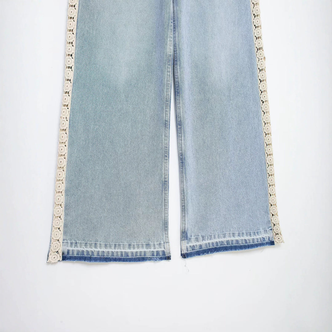 Damen Highwaist Cropped Wide‑Leg Jeans mit Häkelspitzen-Seitenstreifen Echo Archiv