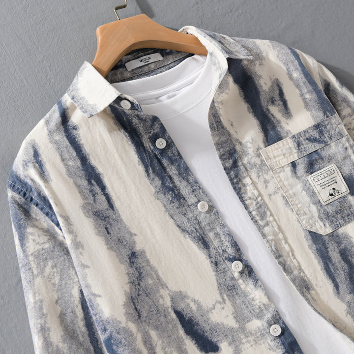 Herren Lockeres Hemdjacken-Overshirt aus Leinen-Baumwollmix mit abstraktem Brush‑Print und Kentkragen Echoarchiv