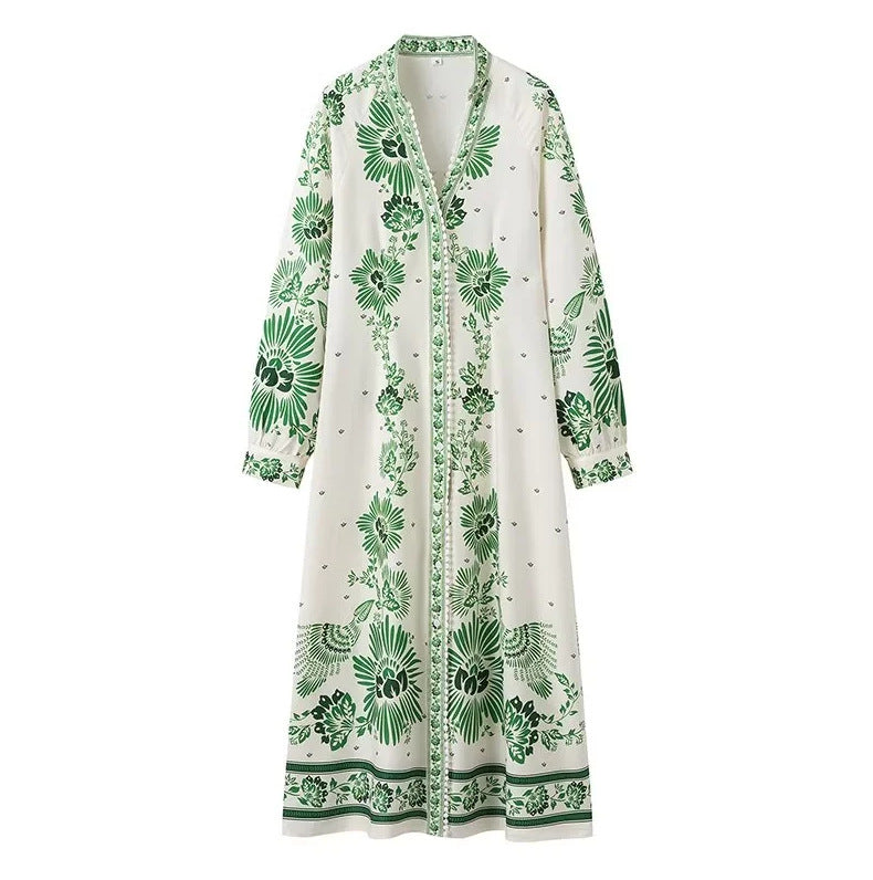 Damen Maxi-Kleid im Boho-Hemdstil mit Stehkragen und durchgehender Knopfleiste Echo Archiv