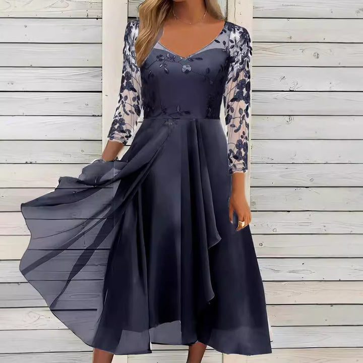Damen nan V-Ausschnitt Chiffon-Midikleid mit besticktem Bustier, transparenten dreiviertel-Ärmeln und asymmetrischem Lagenrock Echo Archiv