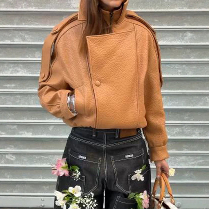 Damen Cropped Oversize-Jacke aus strukturiertem Kunstleder mit hohem Stehkragen Echoarchiv