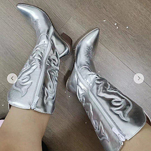 Damen nan metallische Westernstiefel mit mittelhohem Schaft dekorativer Stickerei und Seitenreißverschluss Echo Archiv