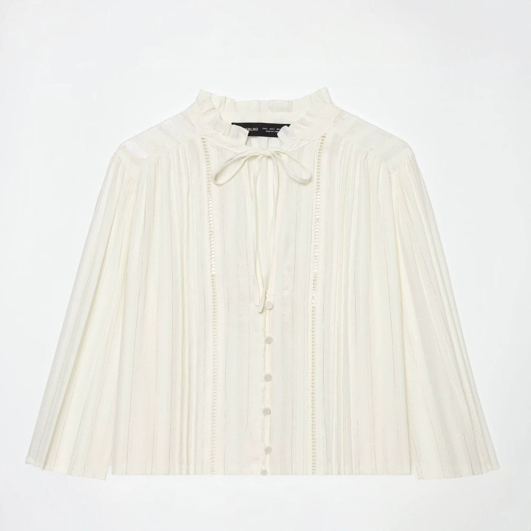 Damen Plissierte Bluse mit Rüschenkragen, Knopfleiste und Schleifenband Echo Archiv