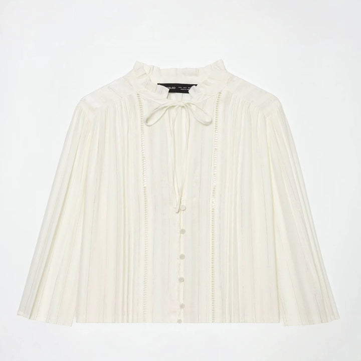 Damen Plissierte Bluse mit Rüschenkragen, Knopfleiste und Schleifenband Echo Archiv