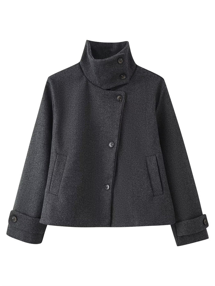 Damen kurze Boxy-Wolljacke mit Stehkragen und Manschetten Echo Archiv