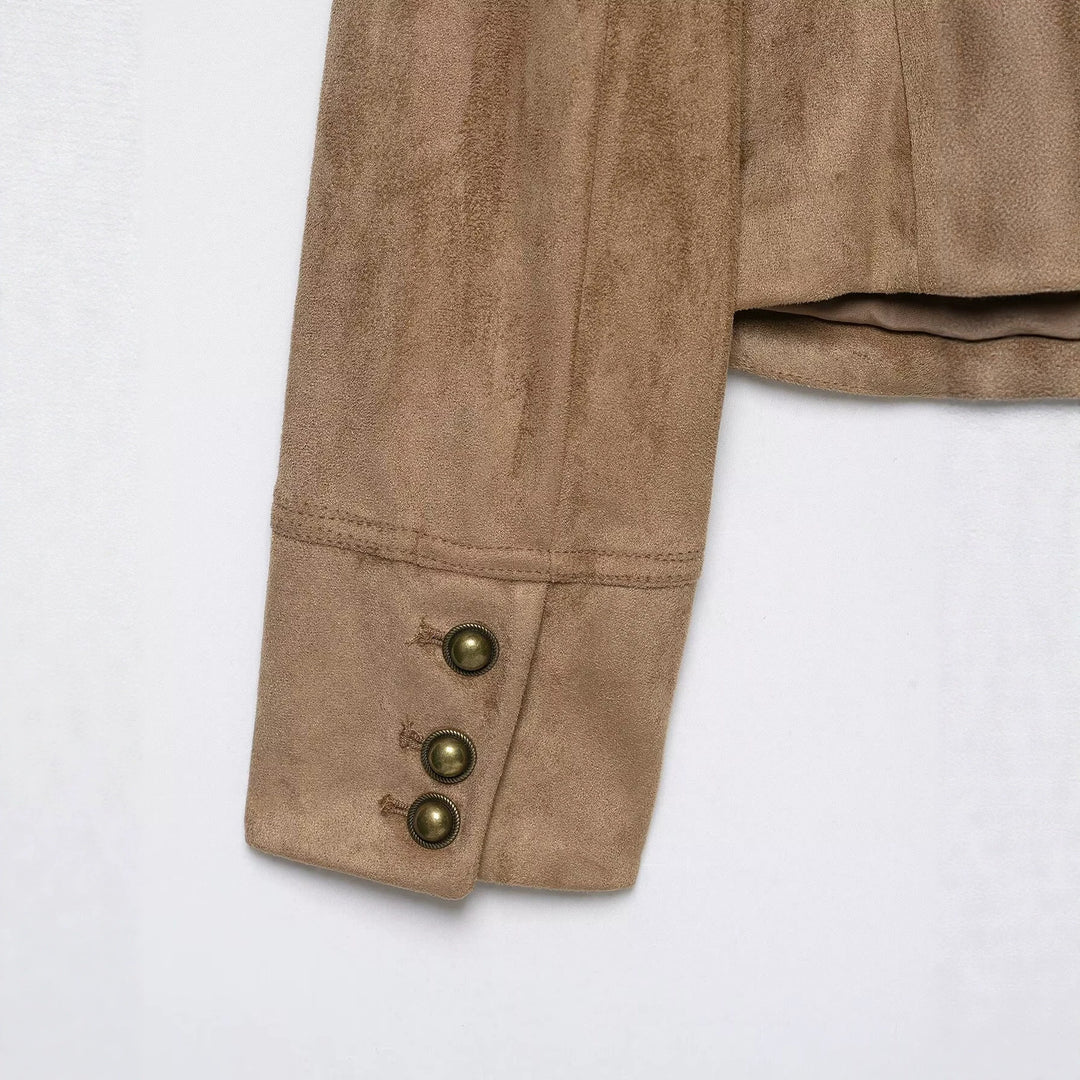 Damen Kurzjacke im Militärstil aus Veloursimitat mit Stehkragen, Epauletten und dekorativer Zierknopfleiste Echoarchiv
