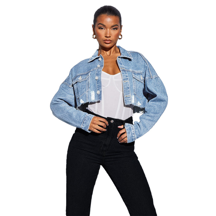 Damen Kurzgeschnittene Cropped-Denimjacke mit Raw‑Edge und Oversize-Ärmeln Echo Archiv