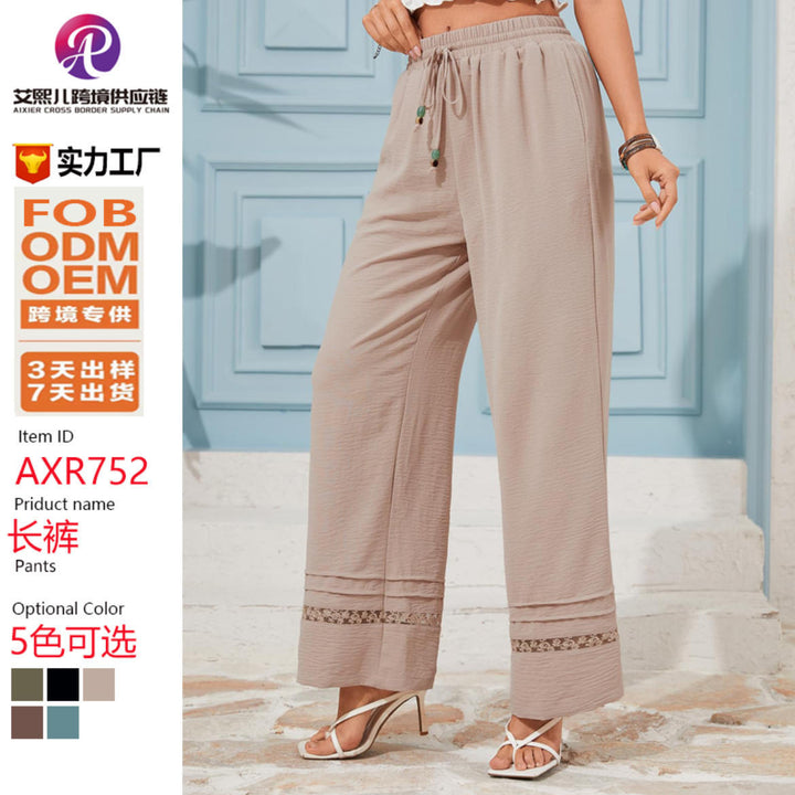 Damen Weite Leinenoptik-Hose mit hohem Gummibund, Bindekordel und Spitzeneinsatz Echo Archiv