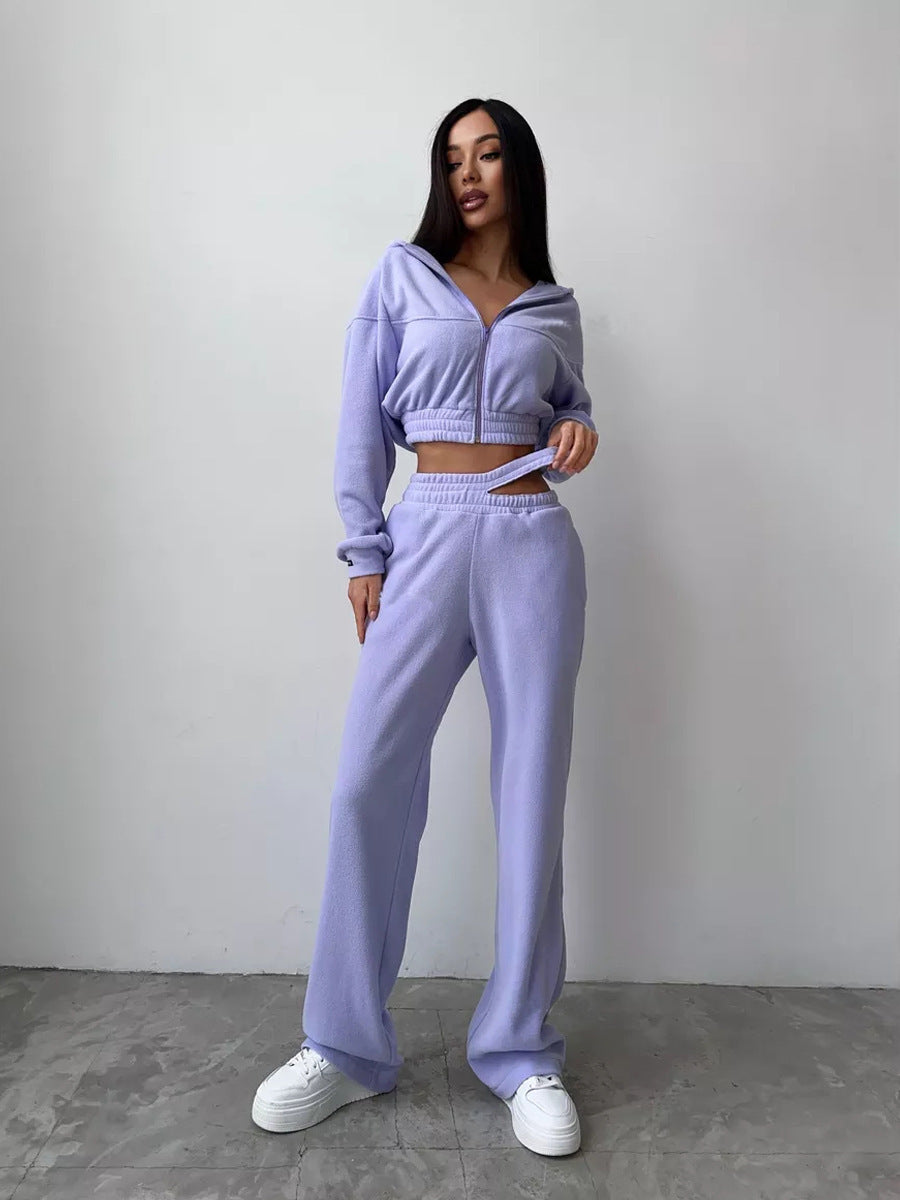 Damen Cropped Fleece-Set mit kurzem Zip-Hoodie und hoher Taillen-Jogginghose – Auréline
