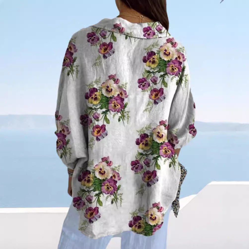 Damen nan leichte Leinenoptik-Hemdbluse mit Blumenmuster, lockerem Schnitt, krempelbaren Ärmeln und Eingrifftaschen Echo Archiv