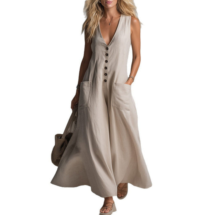 Damen eleganter Jumpsuit mit tiefem V-Ausschnitt und praktischen Taschen Echo Archiv