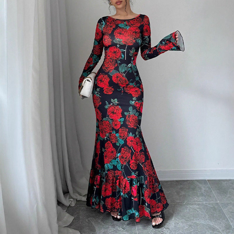 Damen nan eng anliegendes Maxikleid mit Meerjungfrauen-Schnitt, langen Glockenärmeln und Rüschensaum Echo Archiv