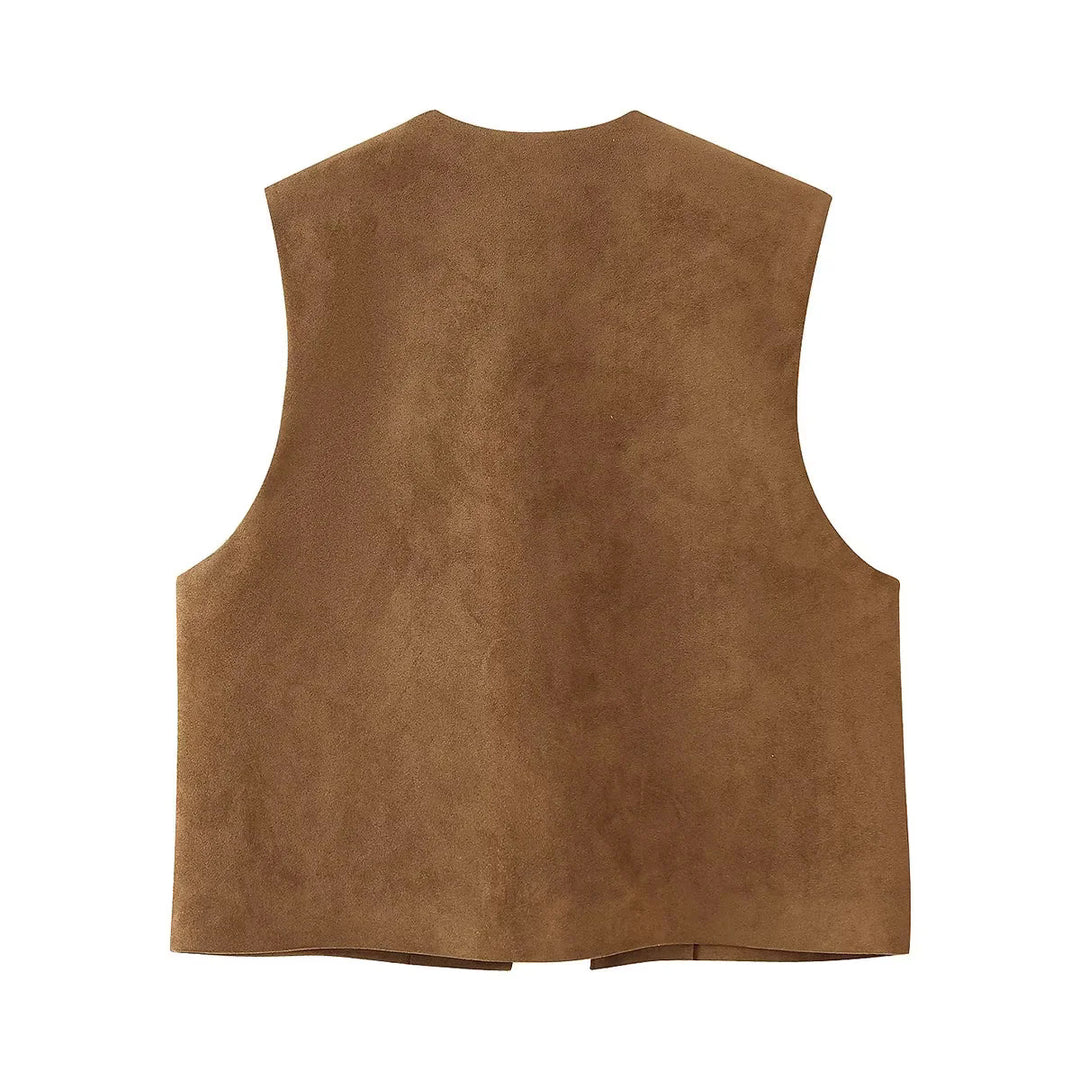 Damen bestickte Wildlederweste mit offenem Schnitt, floraler Applikation und taillierter Silhouette – Célinea