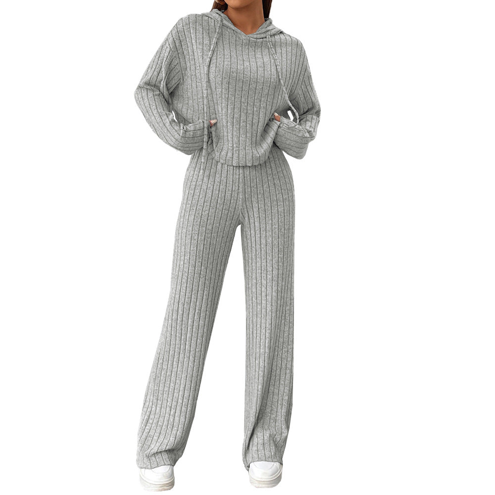 Damen geripptes Lounge-Set mit Kapuzenpullover und weiter Highwaist-Hose – Avérine