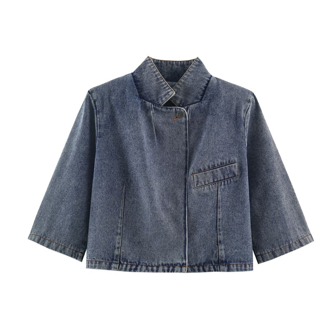 Damen Verkürzte Jeansjacke im Boxy‑Schnitt mit Stehkragen und dreiviertelärmeln Echo Archiv