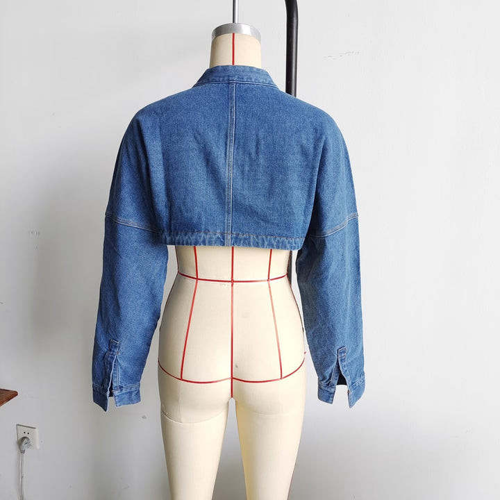 Damen cropped Jeansbolerojacke mit Stehkragen, oversize-Ärmeln und verdeckter Frontleiste – Célinea