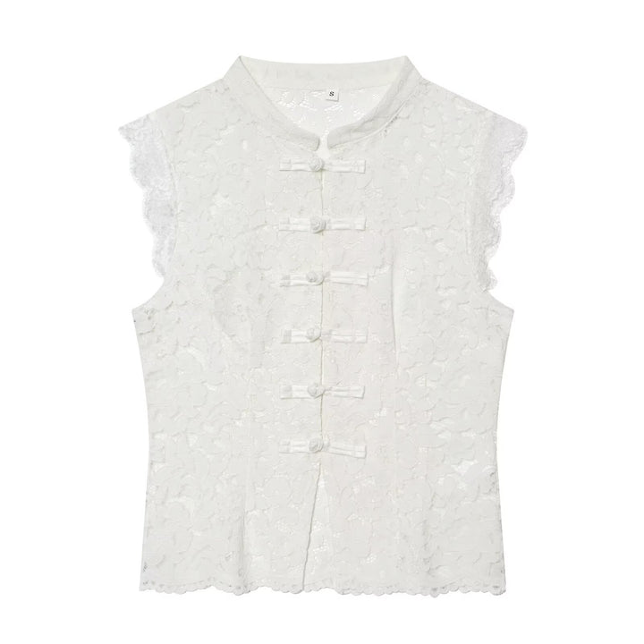 Damen-Spitzenoberteil mit traditionellem Stehkragen und eleganten Knopfdetails Echo Archiv