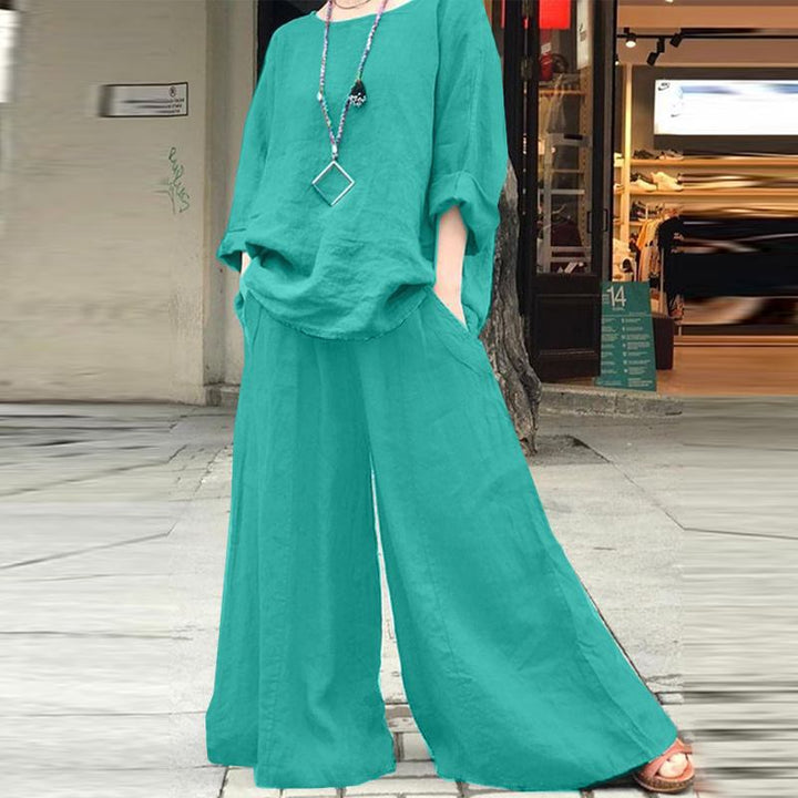 Damen Luftiges Leinen-Lounge-Set mit kastiger Tunika und extra weitem Palazzo-Hosenbein Echo Archiv