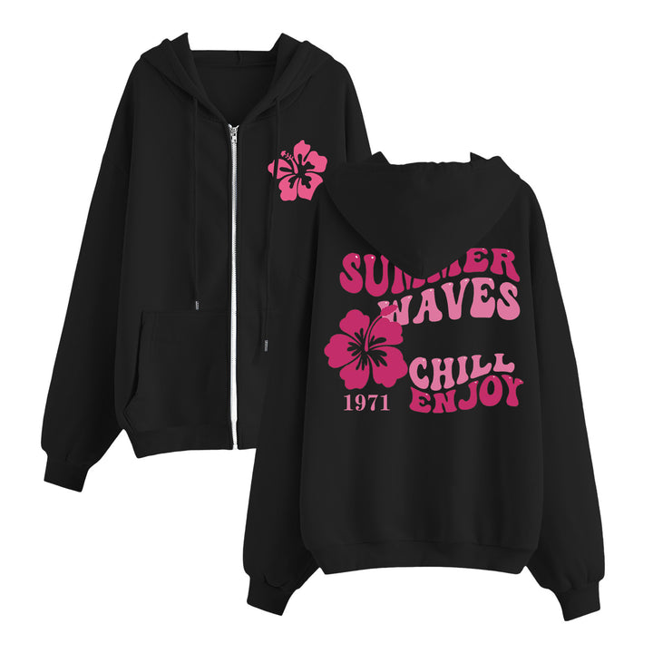 Damen entspannter Zip-Hoodie mit tropischem Hibiskus-Print, Kängurutaschen und gerippten Bündchen – Auréline