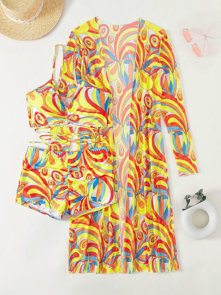 Damen Strandanzug mit leichtem Kimono und buntem Unterteil Echo Archiv