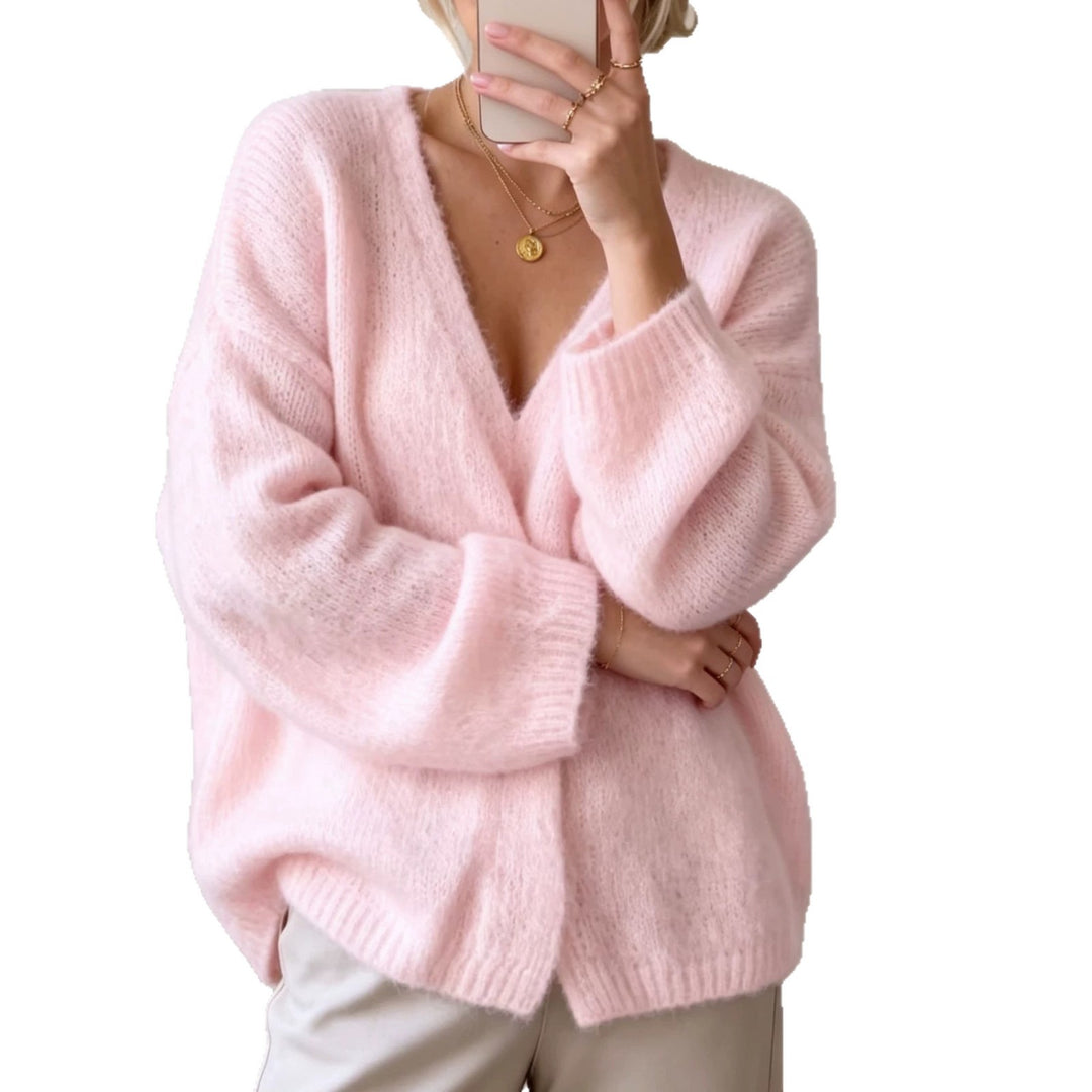 Damen Offener Fluffy-Feinstrick-Cardigan mit tiefem V‑Ausschnitt und legerer Oversize‑Silhouette – Veloura