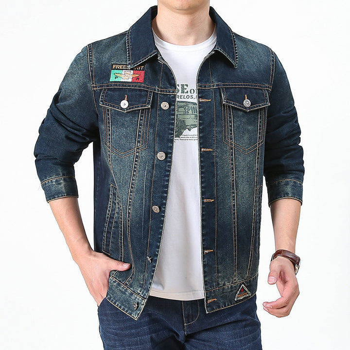 Herren Jeansjacke im Vintage‑Look mit bedrucktem Innenfutter und Emblem‑Details – Denvaro