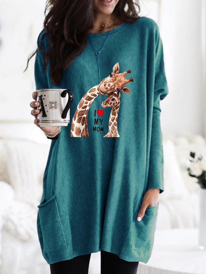 Frauen Übergroße Sweatkleid mit Giraffenmuster, Rundhalsausschnitt und Seitentaschen Echoarchiv