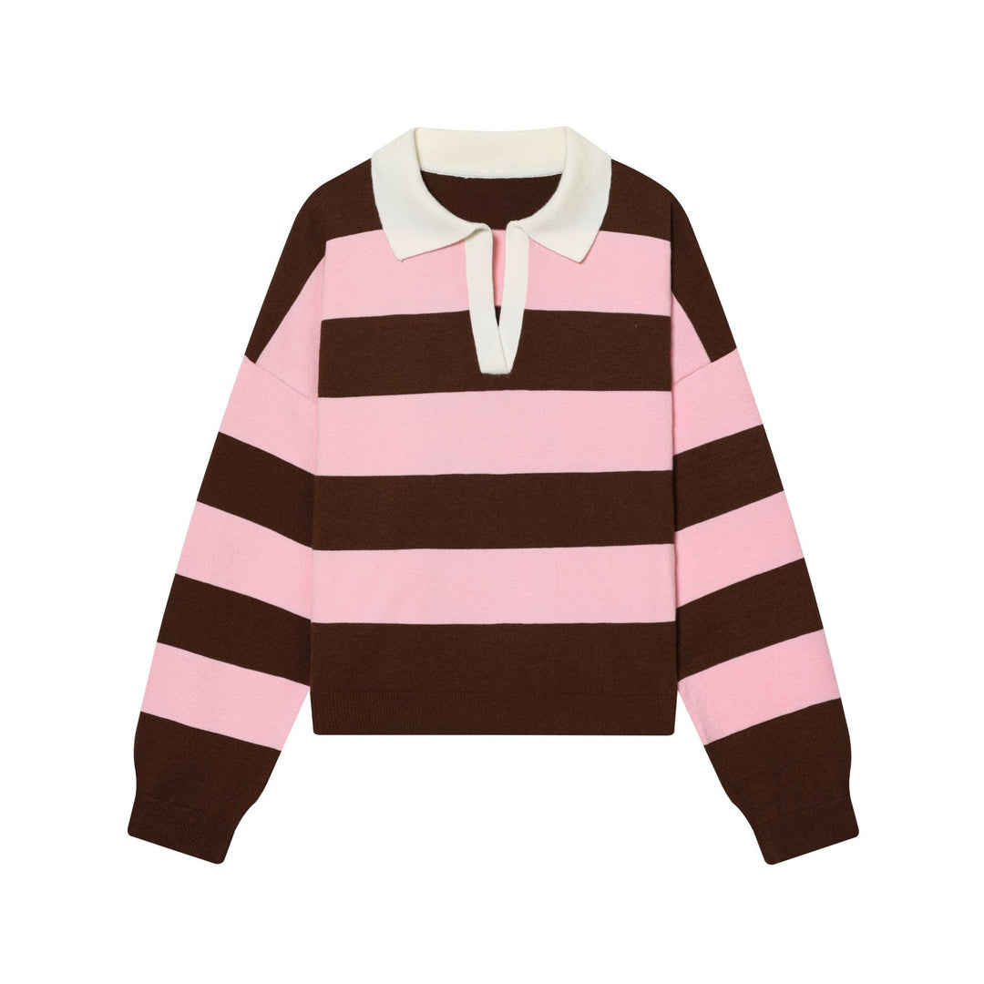 Damen nan gestreifter Rugby-Pullover mit Polokragen und tiefem V-Schlitz Echo Archiv