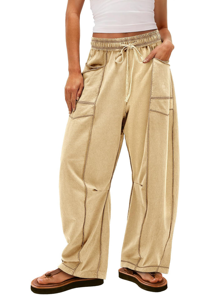 Damen weite Cargo-Loungehose mit elastischem Bund und Kontrastnähten – Avérine
