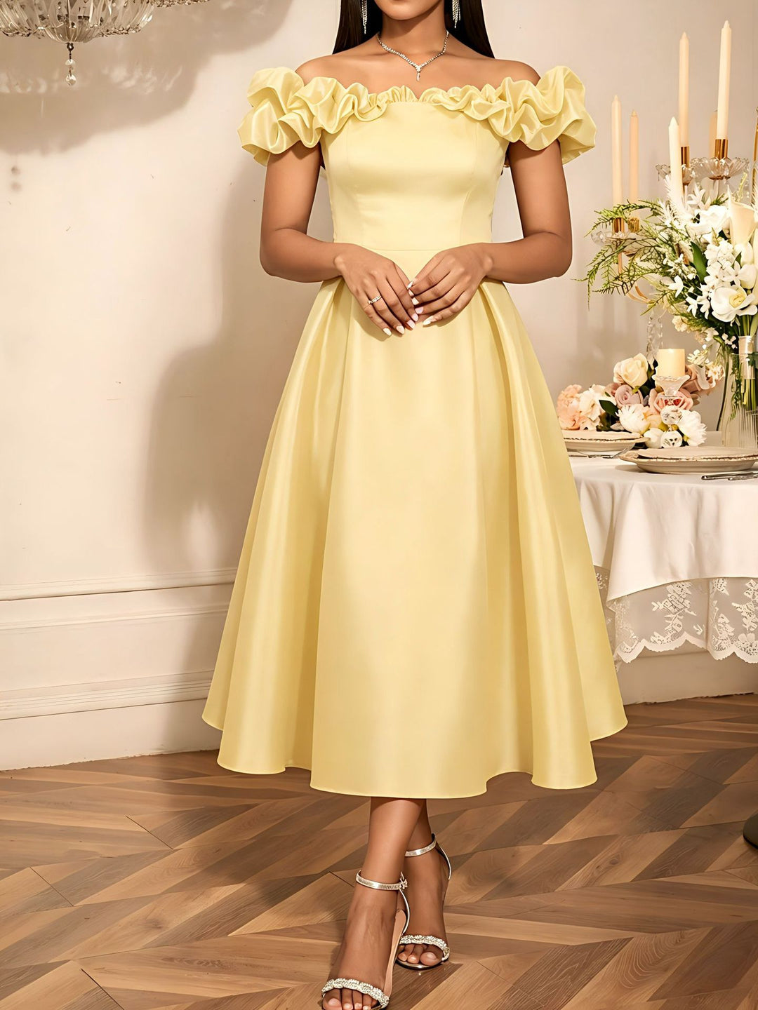 Damen Midi-Party Kleid mit schulterfreiem Design und voluminösen Rüschen Echo Archiv