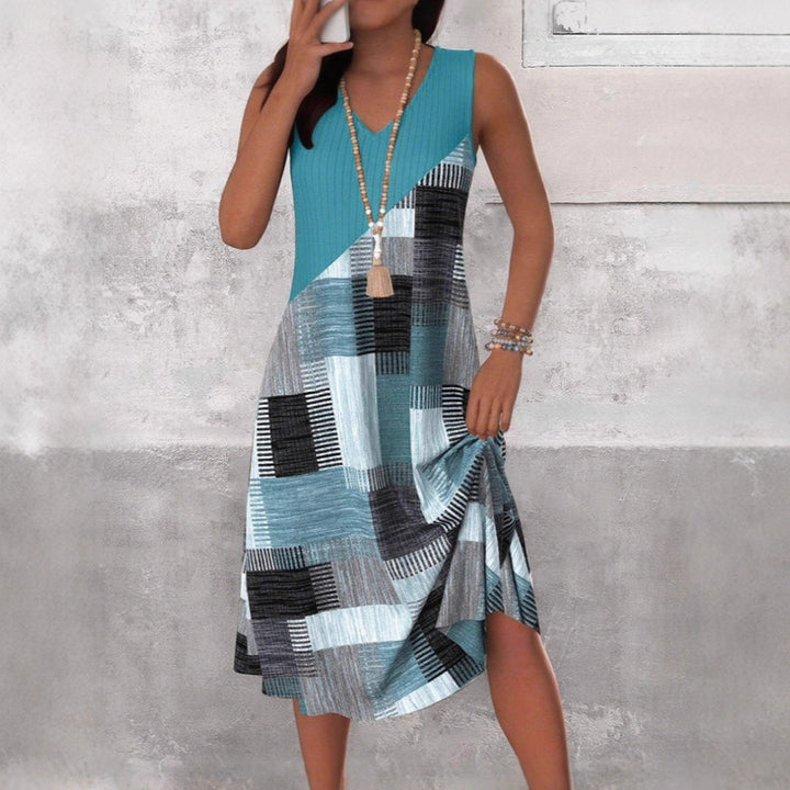 Damen nan ärmelloses V-Ausschnitt Midikleid mit diagonalem Patchworkmuster und geripptem Oberteil Echo Archiv