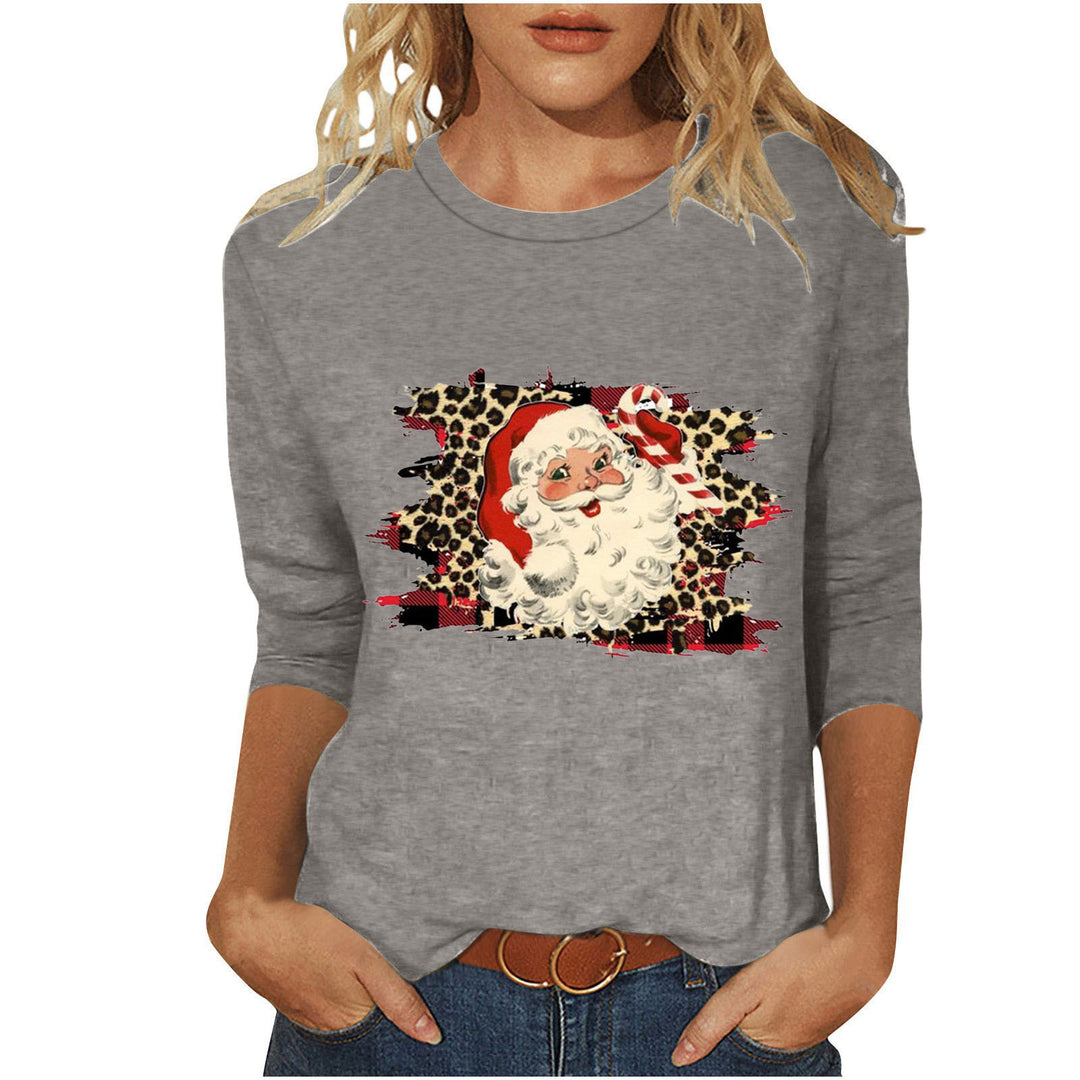 Damen lässiges Sweatshirt mit Retro-Weihnachtsmann-Print, Leoparden- und Karomuster und dreiviertelärmel – Avérine