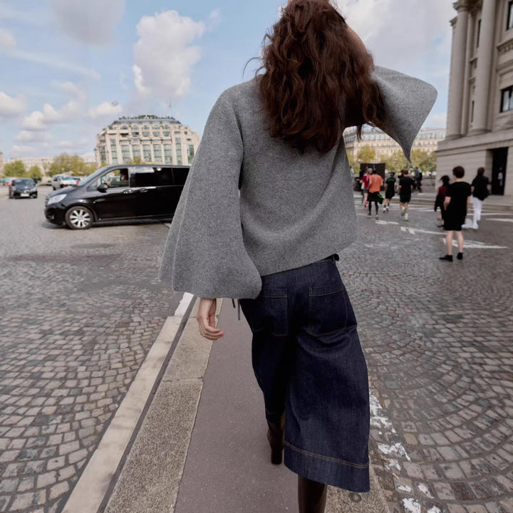 Damen Kurzes Wollmix‑Cape mit Rundhals, Tunnelzug‑Taillierung und Trompetenärmeln Echoarchiv