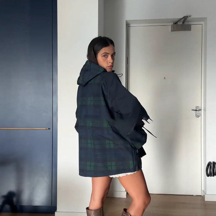 Damen Oversized Jacke im lässigen Karo-Design mit praktischen Taschen und Taillenzug Echoarchiv