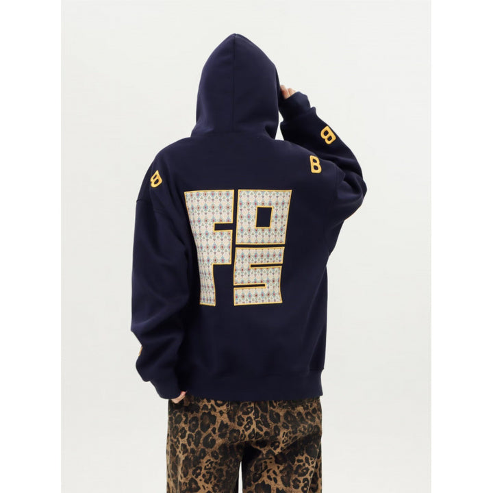 Unisex Oversized Kapuzenpullover mit großflächigem Intarsien‑Blockprint und geripptem Saum Echoarchiv
