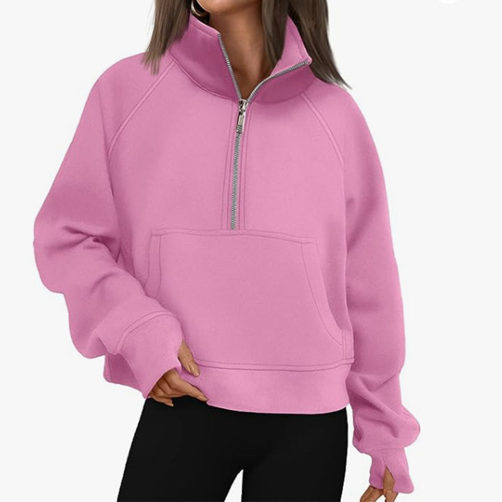 Damen nan kurzer Halfzip-Sweater mit hohem Stehkragen, Kängurutasche und verlängerten Daumenlöchern Echo Archiv
