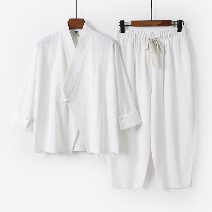 Herren Atmungsaktives Leinen-Baumwoll Lounge-Set mit asymmetrischem V-Kragen und elastischer Kordelhose Echoarchiv