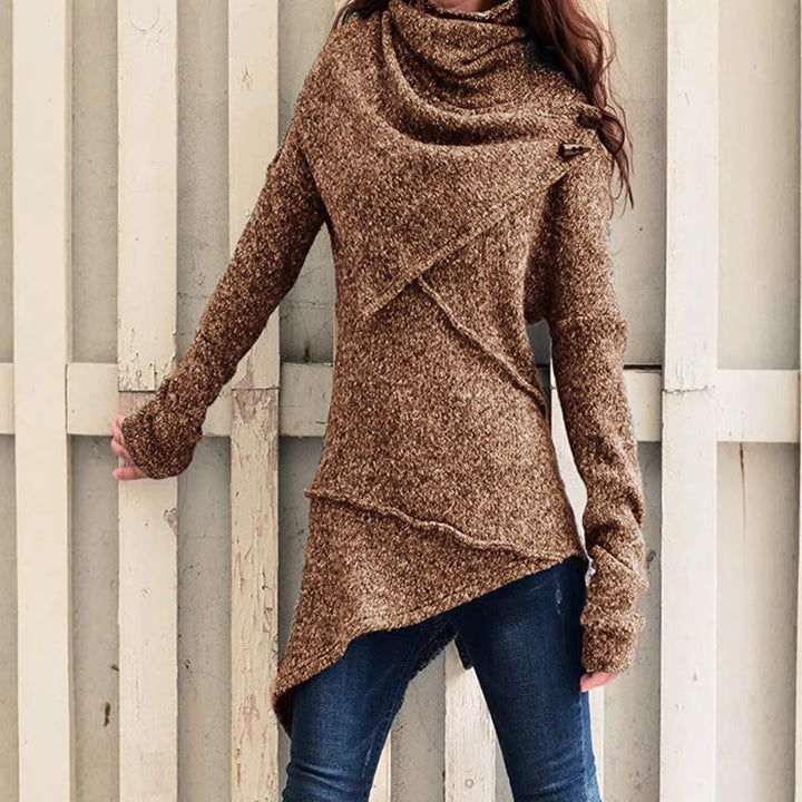 Damen asymmetrischer Boucle-Strickpullover mit großem Schalfkragen Echoarchiv