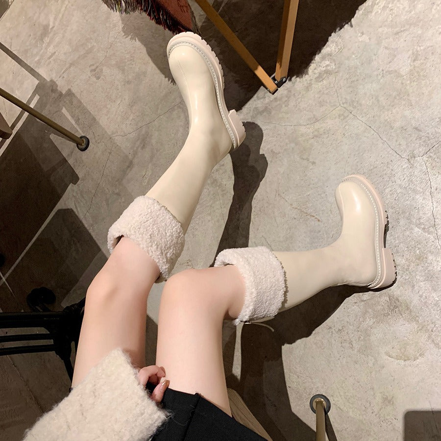 Damen Kniehohe Stiefel mit Teddyfutter-Bündchen und geformter Plateau-Sohle Echo Archiv