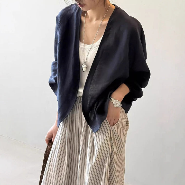 Damen Oversize-Kimonojacke aus Leinenmix mit offenem Fall und weiten Ärmeln Echoarchiv