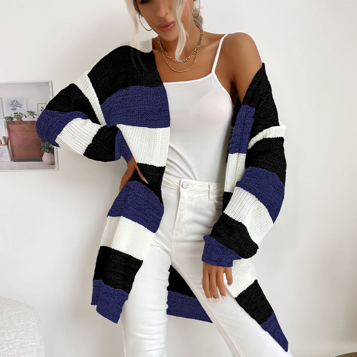 Damen Langer Oversize-Strickcardigan mit Blockstreifen und offener Front – Veloura